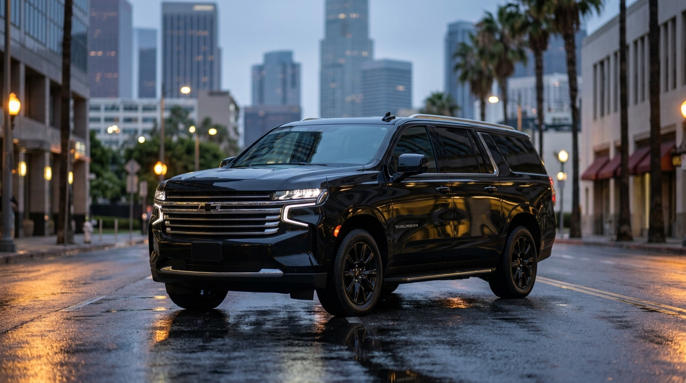 Black SUV at dusk, LA skyline