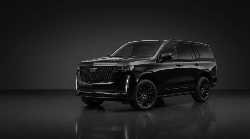 black Cadillac Escalade, three-quarter front, night