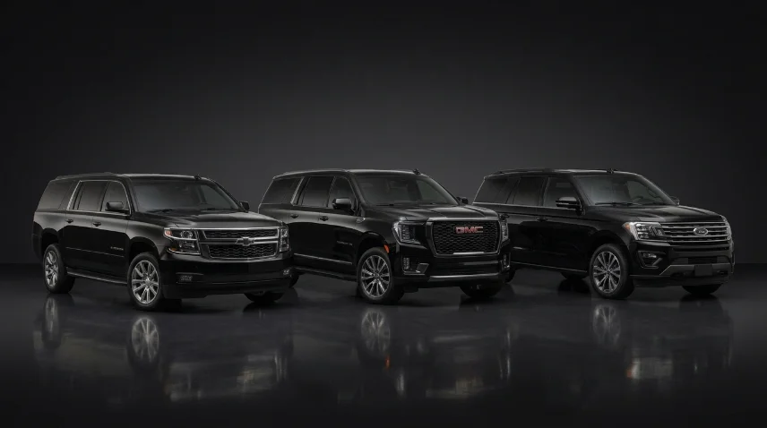 black Chevrolet Suburban, profile, dark studio