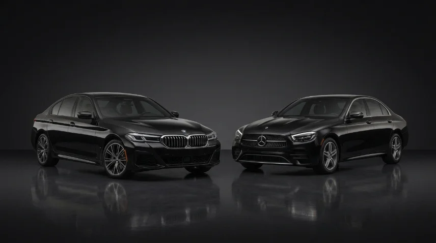 black BMW 5 Series sedan, profile