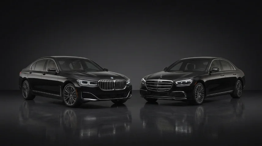 black Mercedes S-Class, three-quarter, evening