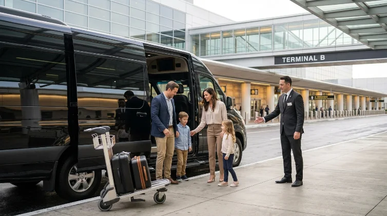 family boarding shuttle van