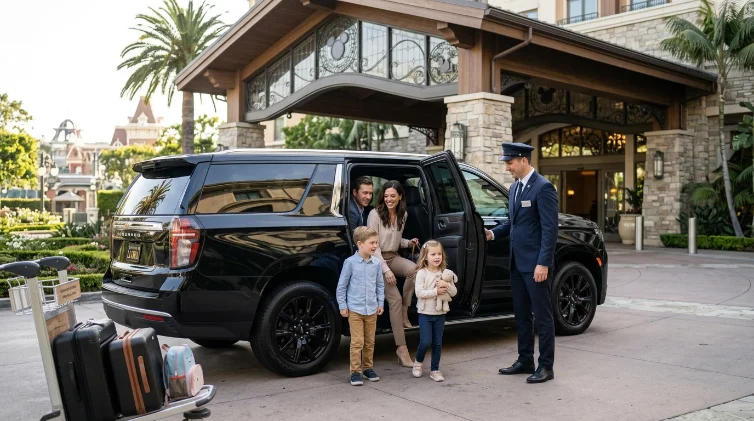 family arriving at theme park