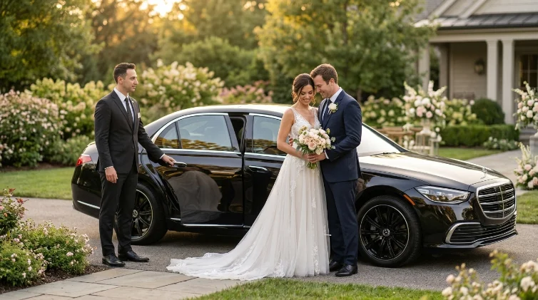 bride and groom at black car