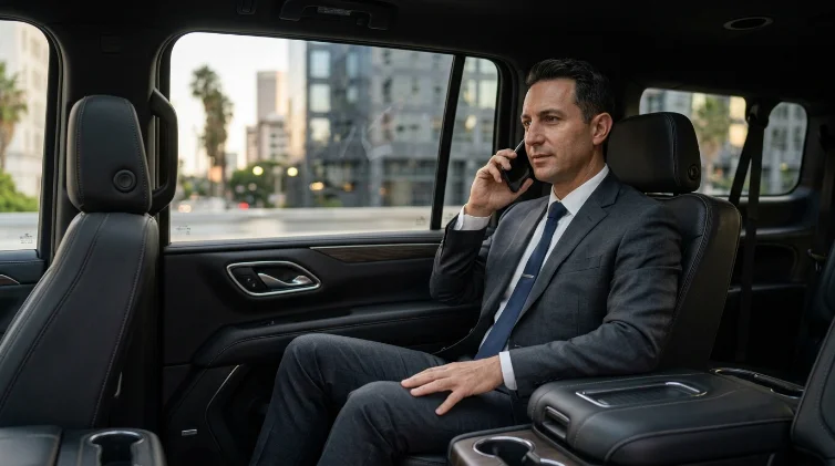 executive on phone in rear seat