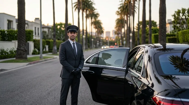 chauffeur waiting beside sedan